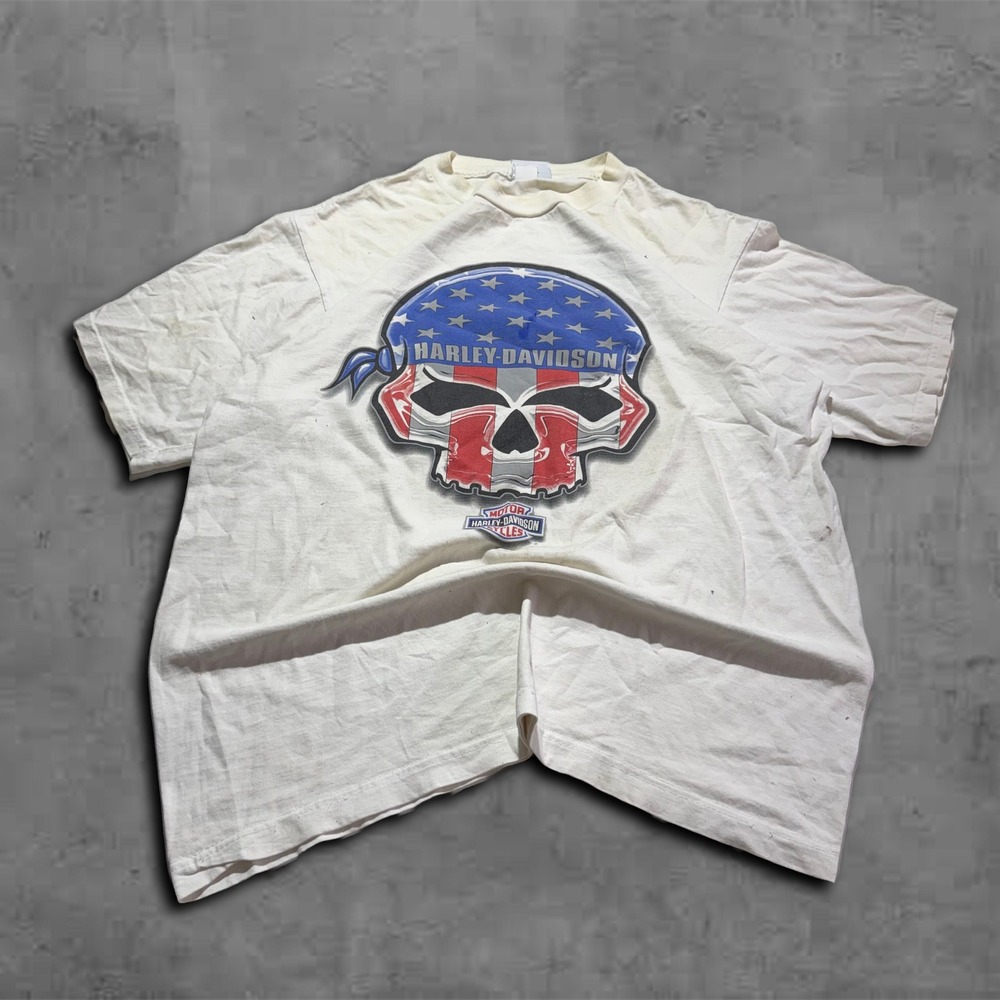 Vintage Relaxed White Harley Davidson Skull Streetwear Tee Shirt
